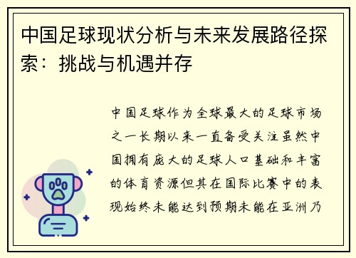 中国足球现状分析与未来发展路径探索：挑战与机遇并存